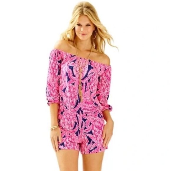 Lilly Pulitzer Lana Long Sleeve Romper Pink Coco Safari XS - Picture 1 of 5